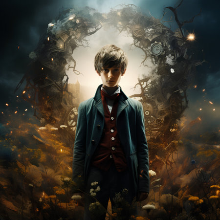 Fantasy scene with a boy dressed in a coat and a tieの素材
