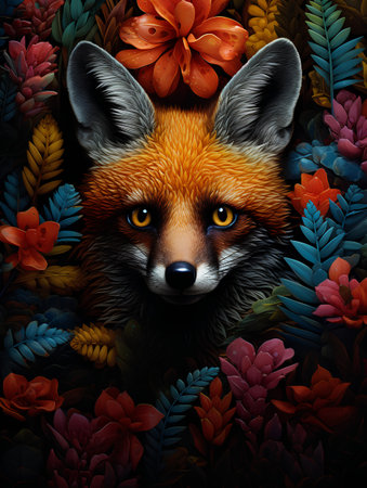Red fox with flowers and leaves on black background. Vector illustration.の素材