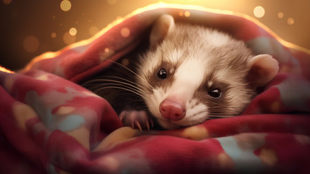 Portrait of a ferret under a blanket. Close-up.の素材