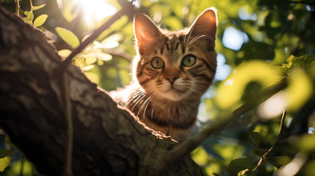 Cute little kitten on a tree in the rays of the setting sunの素材