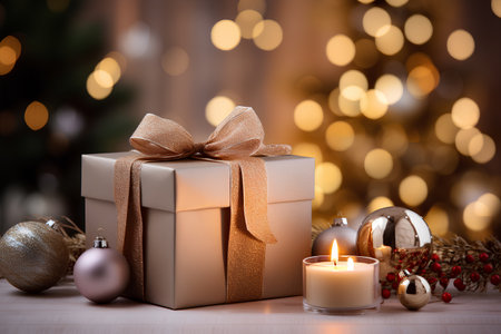 Christmas gift box with golden bow and candle on bokeh backgroundの素材