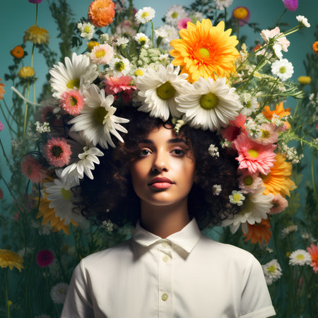 Beautiful african american woman with afro hairstyle and flowersの素材