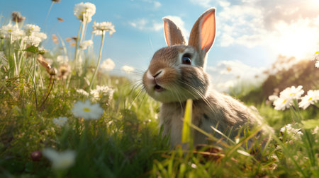 Cute little rabbit sitting in the meadow with daisiesの素材