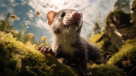 Cute ferret sitting on moss in the forest. Toned.の素材