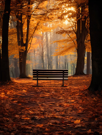 Wooden bench in the autumn forest at sunset. Beautiful nature backgroundの素材
