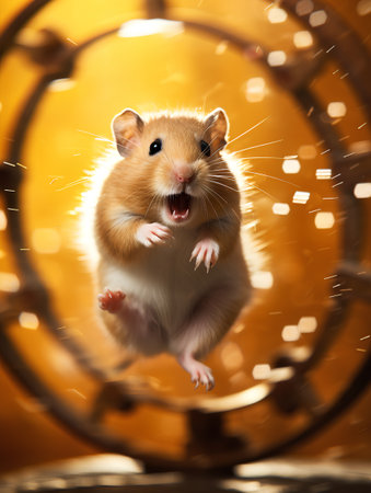 Hamster on a background of a round wooden wheel with bokehの素材