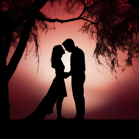 Silhouette of a couple in love on a red sunset backgroundの素材