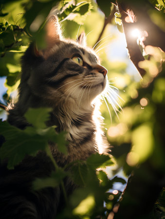 Portrait of a cat on a background of green leaves in the sunlightの素材