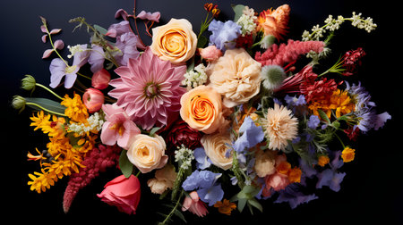 Beautiful bouquet of flowers on black background. Flat lay, top viewの素材