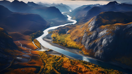 Fantastic view of the valley and the river. Colorful autumn landscape. Artistic style.の素材