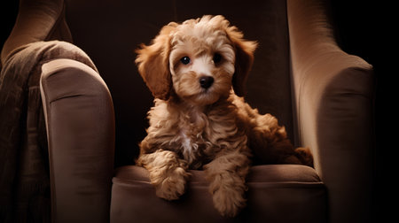 Cocker Spaniel puppy on a chair in a dark room.の素材