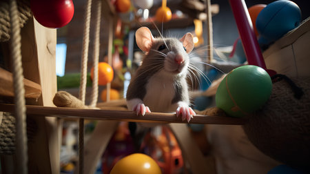 Cute rat on the background of toys in the children's roomの素材