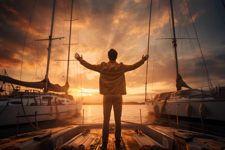 Man with arms raised standing in front of yachts at sunsetの素材