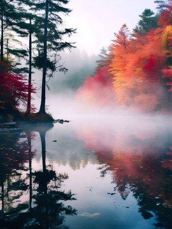 Colorful autumn landscape with foggy lake and forest in the morningの素材