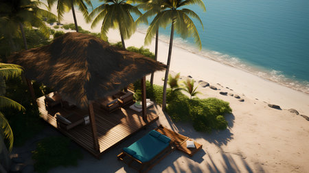 Beach with wooden bungalows and palm trees. 3d renderの素材