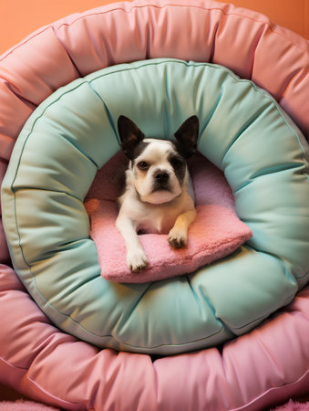 Cute little french bulldog puppy lying in a colorful armchairの素材