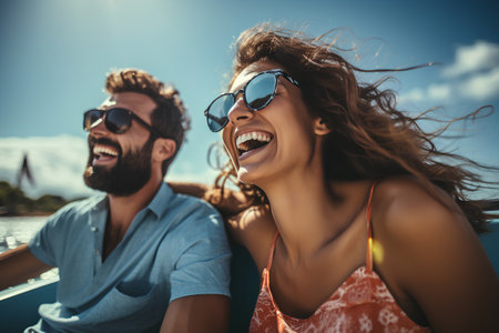 Happy young couple is having fun on a boat on the sea.の素材