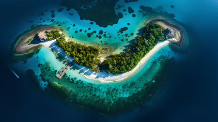 Aerial view of a small island in the middle of the ocean with a beautiful sandy beach.の素材