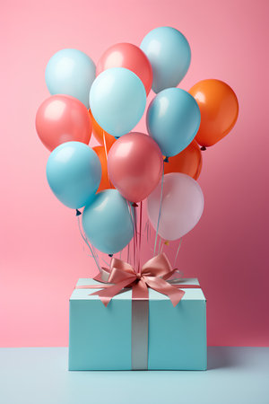 Blue gift box with colorful balloons on pink background. 3d renderingの素材