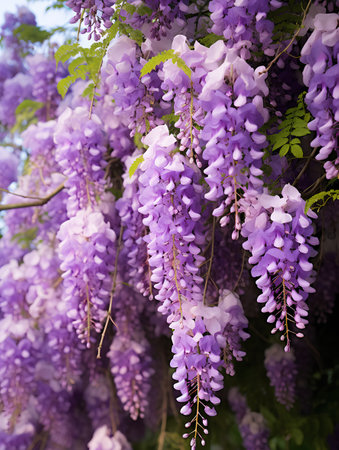 Beautiful purple wisteria flowers in bloom in the garden.の素材