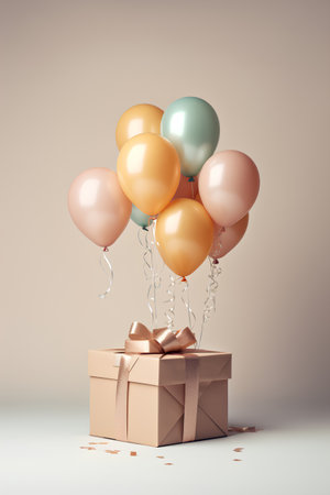 Gift box with colorful balloons. 3d rendering. Vintage toned imageの素材