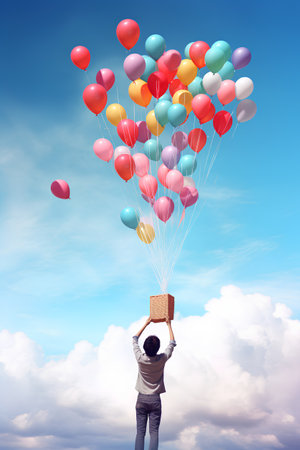 Young man holding a bunch of colorful balloons on the blue sky backgroundの素材