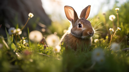 Cute little rabbit in the grass at sunset. Easter concept.の素材