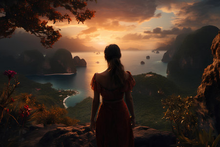 Woman in red dress standing on the cliff and looking at the beautiful sunsetの素材
