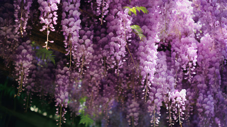 Wisteria flowers blooming in the garden. Floral backgroundの素材