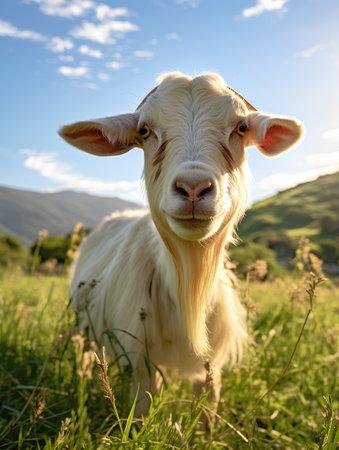 Portrait of a white goat with horns on a green meadowの素材