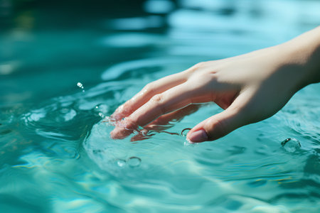 Close up of female hand reaching for water drops in swimming pool.の素材