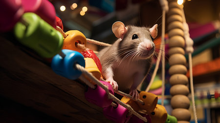 Cute little rat on a swing in the children's room.の素材