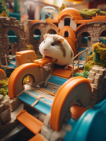 Guinea pig sits on a toy car in the amusement park.の素材