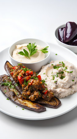 Baked eggplant with hummus and parsley on white plateの素材