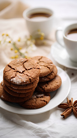 Chocolate cookies and cup of coffee on the table. Selective focus.の素材