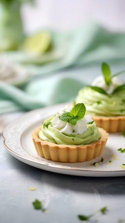 Tartlets with cream and mint on a light background. Selective focus.の素材