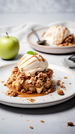 Homemade caramel ice cream with granola and apples on a white plateの素材