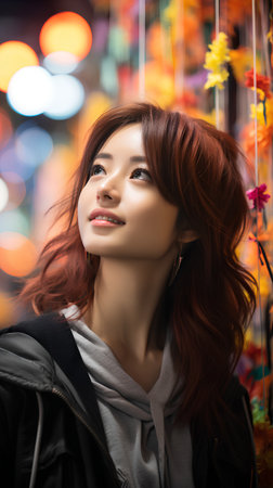 Portrait of a beautiful Asian woman with red hair, wearing black jacket, posing in the city.の素材
