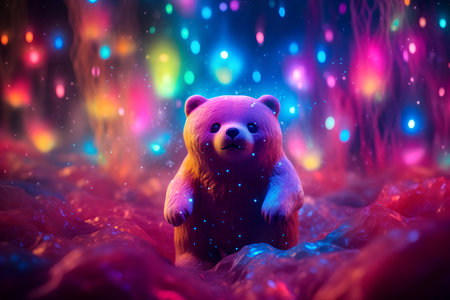 3d rendering of a cute cartoon bear in a fantasy forest.の素材