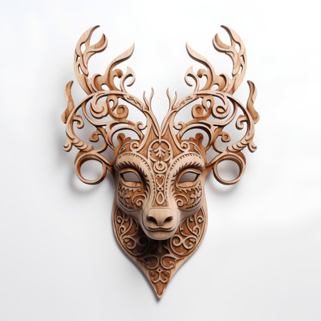 Wooden deer mask isolated on white background. 3d illustration.の素材