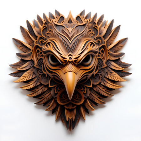 Eagle head in wood carving style on white background. 3d illustrationの素材