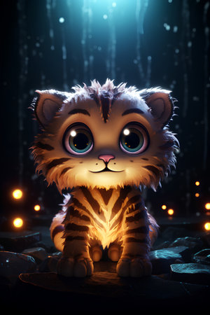 Cute little tiger sitting in the dark,3D rendering.の素材