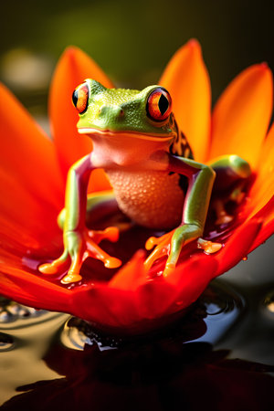 Red-eyed tree frog (Agalychnis callidryas) on a red flowerの素材