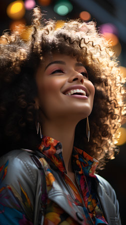 Beautiful african american woman with afro hairstyle smiling at cameraの素材