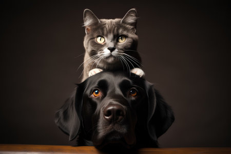 Studio portrait of a cat and a dog on a brown background.の素材