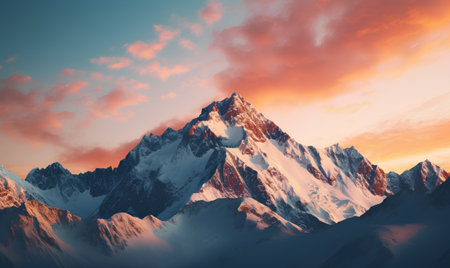 Beautiful sunset over snowy mountains. 3D rendering. Computer digital drawing.の素材