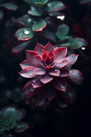 Succulent plant with water drops on black background, close upの素材