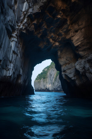 Beautiful seascape with a cave in the sea. Toned.の素材