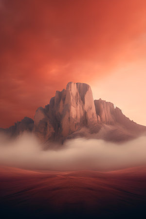 Fantasy landscape with mountains in the clouds. 3d render illustrationの素材