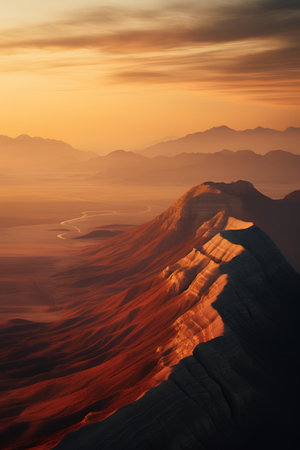 Beautiful sunset in the desert mountains. 3d render illustration.の素材